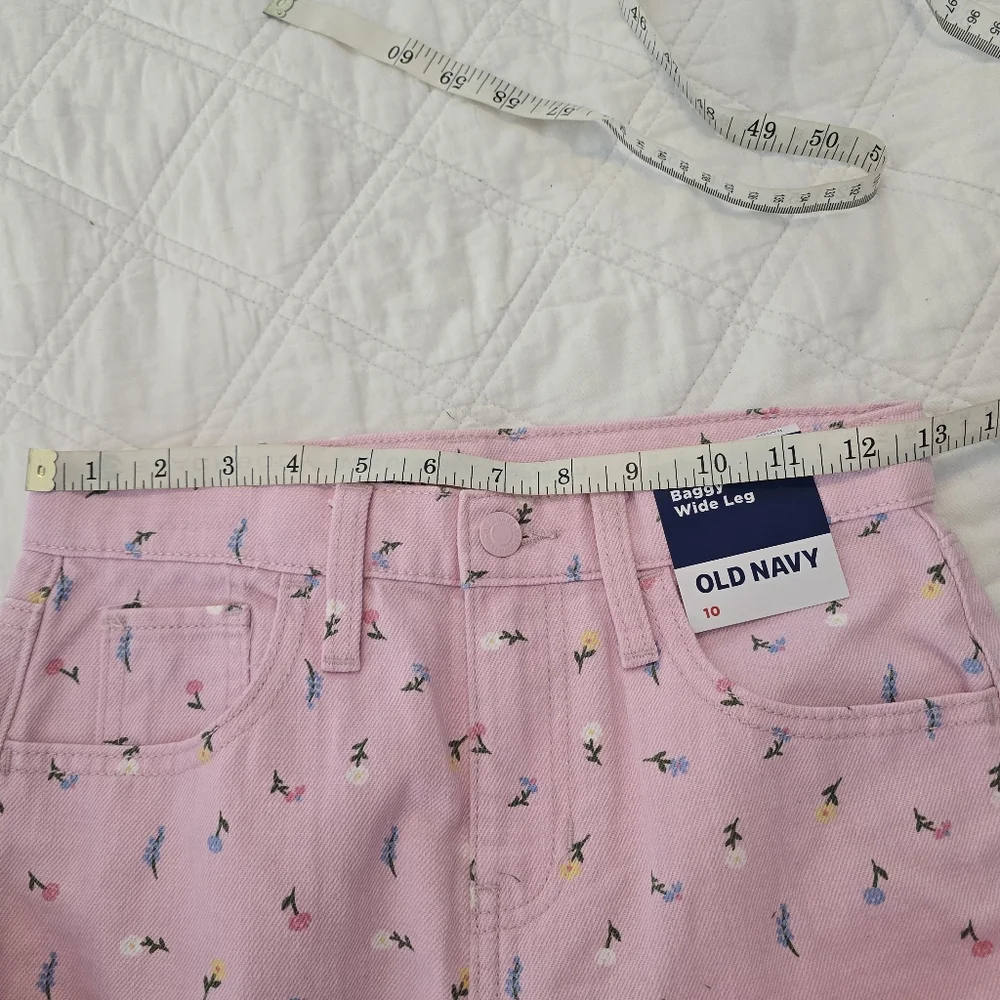 Old Navy‎ Pastel Pink Floral High-Waisted Baggy Wide-Leg Jeans Girls Size 10